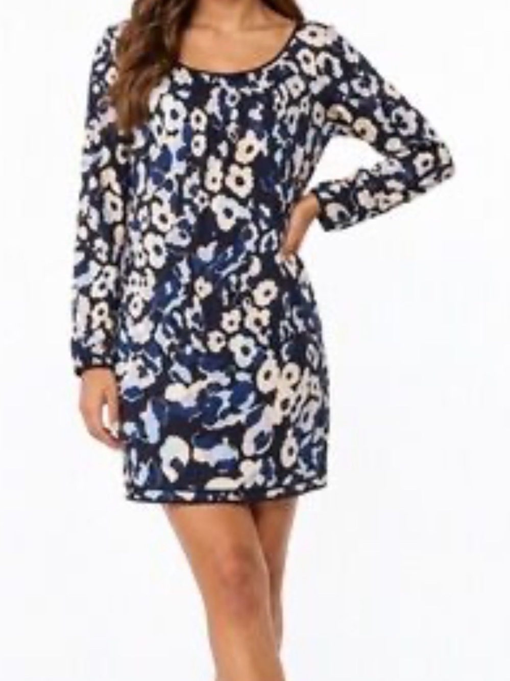 Diane Von Furstenberg Navy and Cream Floral Long-Sleeve Mini Dress